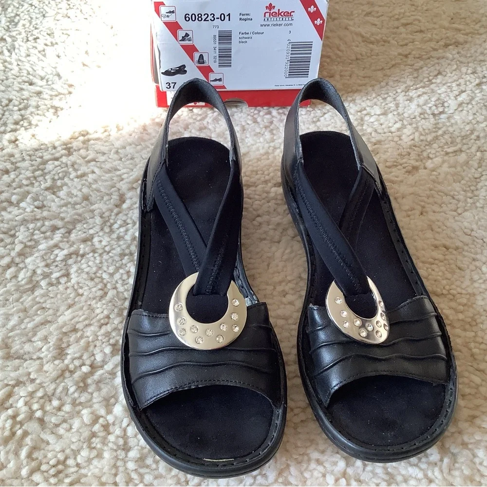 Rieker US sz 6. EU sz 37 Black & Silver Sandals Open Toe Design Slingback w/flaw - Picture 2 of 5